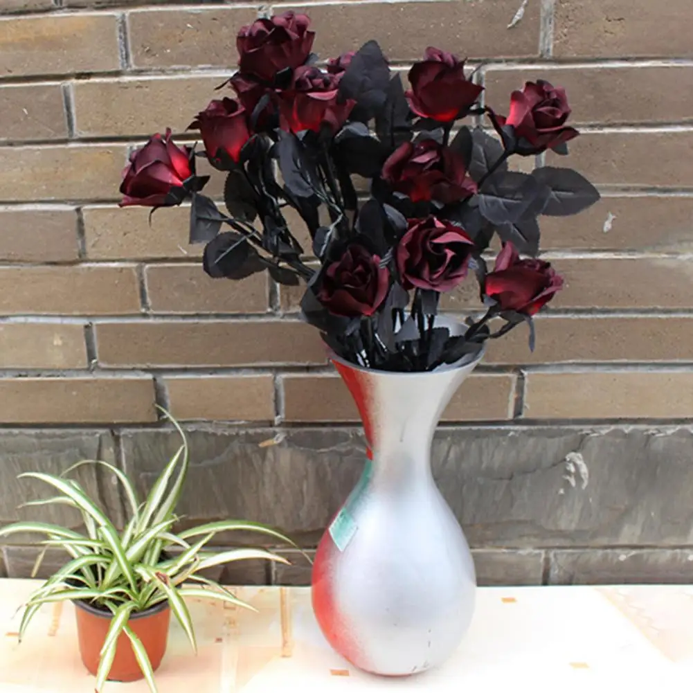 Silk Black Rose Artificial Flower Head Bouquet Wedding Props Artificial Red Rose Decoration Floral Arrangement Simulation Flower