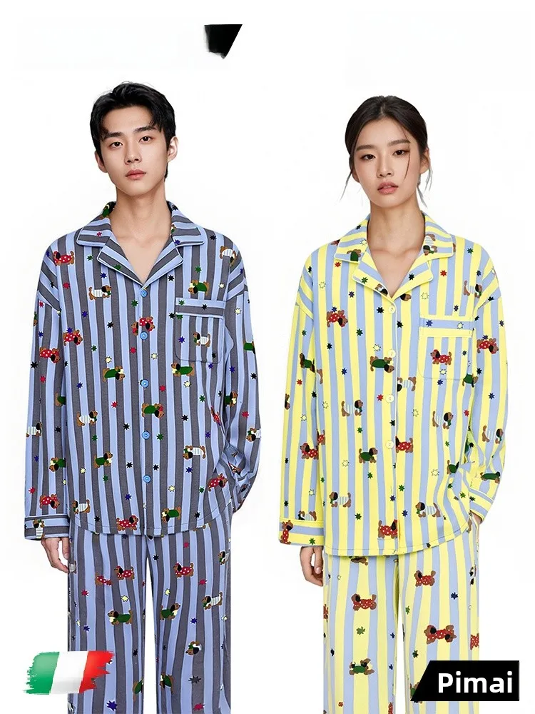 PinkBread Star Sausage Dog Couples Long Sleeve Long Pants Striped Pajamas Pure Cotton Home Clothes Spring Autumn Style