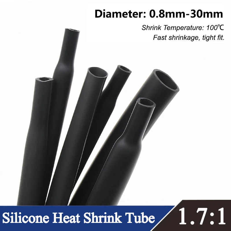 

1/3/5M Silicone Black 1.7:1 Heat Shrink Tube Insulation High Temperature Soft Cable Sleeve DIY Wire Wrap Protector 0.8mm ~ 30mm