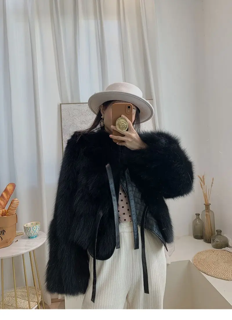 여성용 인조 모피 플러시 숏 코트 2025 가을 겨울 플러시 따뜻한 두꺼운 재킷 한국 스타일 아우터웨어 PU 가죽 모피 레이스업 재킷