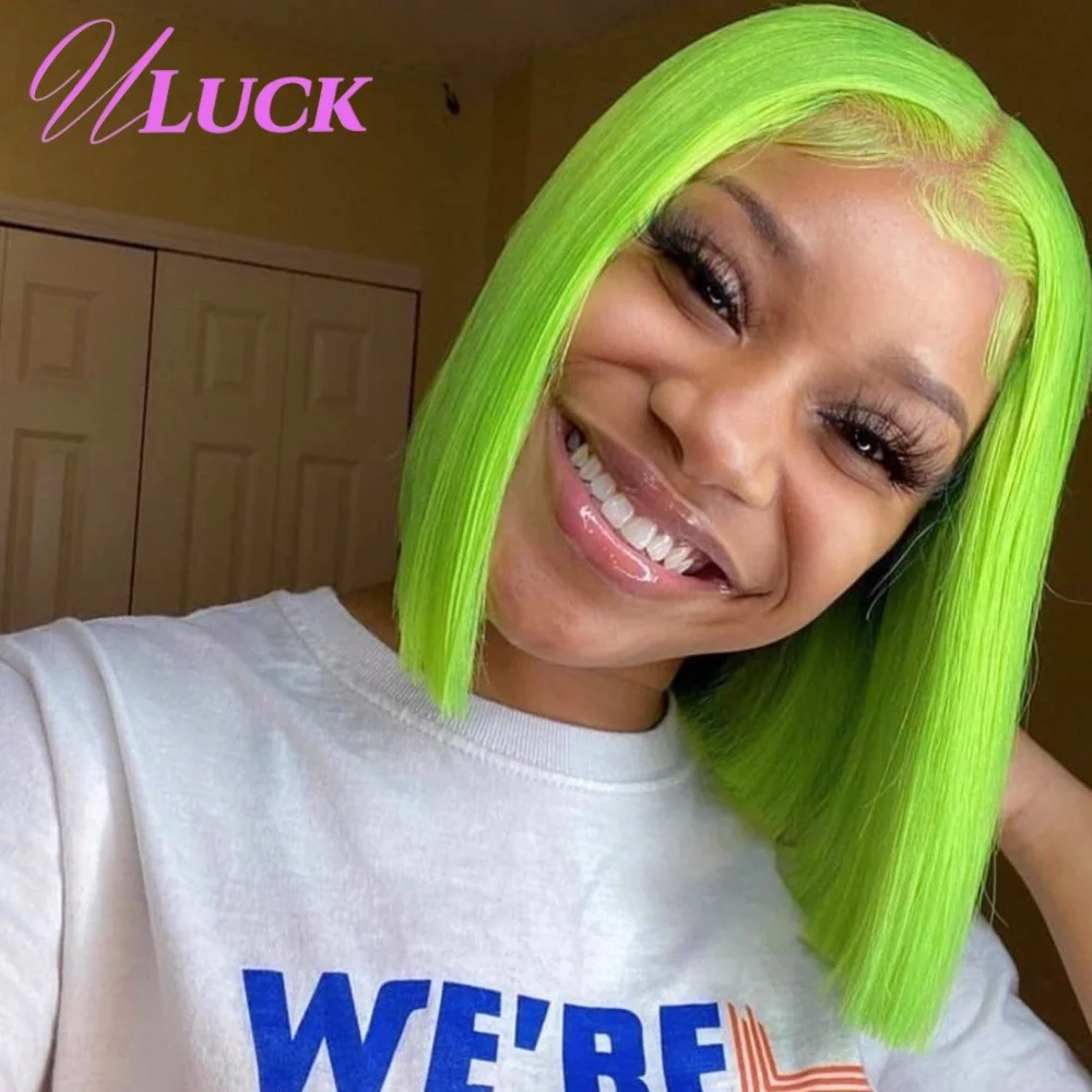 

Uluck Lemon Green Colored Double Drawn Short Straight Bob Wig Brazilian Human Hair Wigs 13x4 Lace Front Wig Preplucked For Women