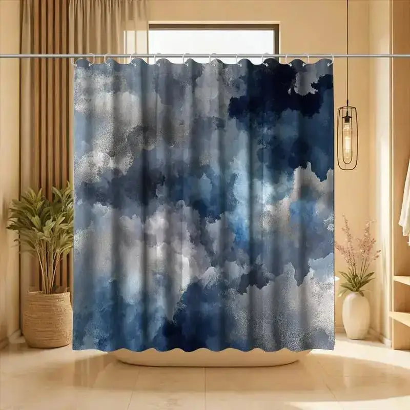 bstract Cloudscape Shower Curtain – Watercolor Indigo & Gray Textured Sky, 12 Hooks, 70.87×70.87