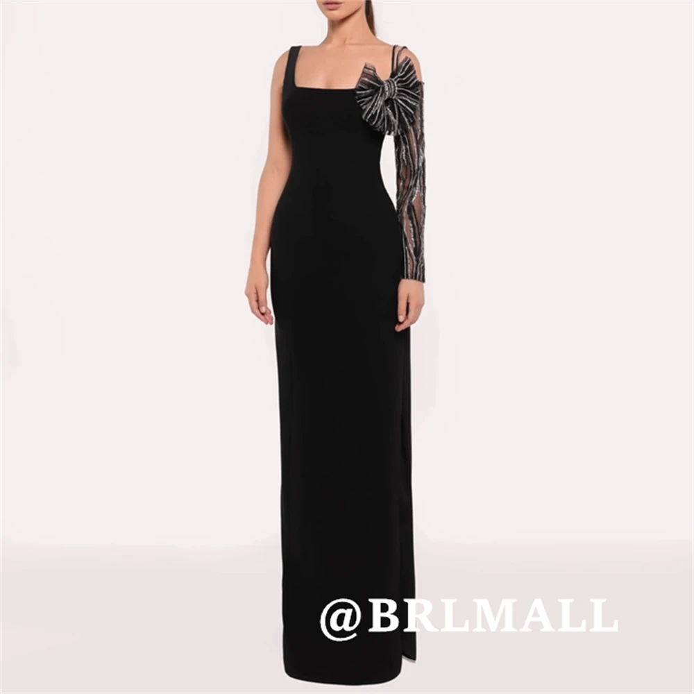 فستان رسمي أسود أنيق من BRLMALL للنساء مع فيونكة بكتف واحد وغمد فساتين سهرة برقبة مربعة للحفلات الراقصة