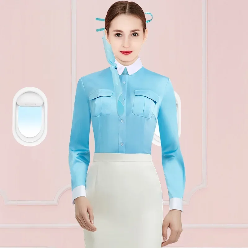 Zuid-Koreaanse Luchtvaart Luchtvaartmaatschappij Stewardess Uniform Rok Met Korte Mouwen Shirt Glanzend Blauw Stewardess Werkkleding