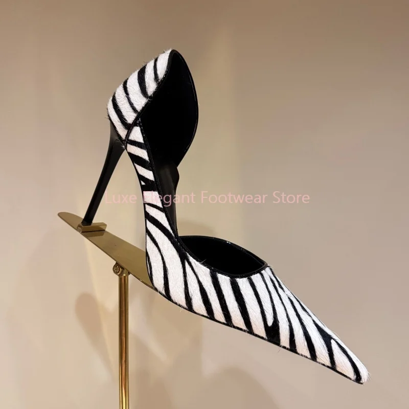 

Patchwork Striped Hollow Pointed Toe Stiletto Sandals Women Sexy Leopord Suede Slip On High Heels Fashion Luxury Party Shoes New