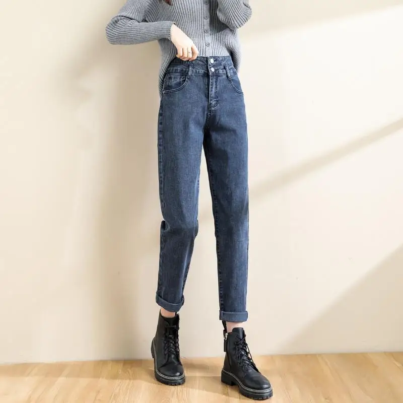 Autumn All-match Casual Commuter Jeans for Women 2024 New High Waist Rolled Hem Nine-point Trousers for Female Clothing XK104