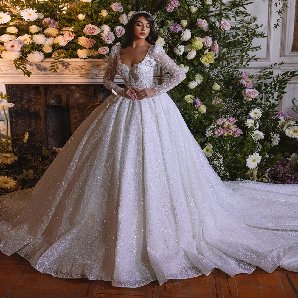 Customized Sweetheart Neck Glitter Wedding Dress Long Sleeve Robe De Mariage Backless Luxury Bridal Gowns Vestidos De Novia