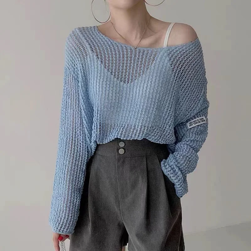 New Versatile Summer Women\'s Clothing Simple Solid Color Round Neck Pullover Thin Cut Hollow Out Sun Protection Loose Knit Tops