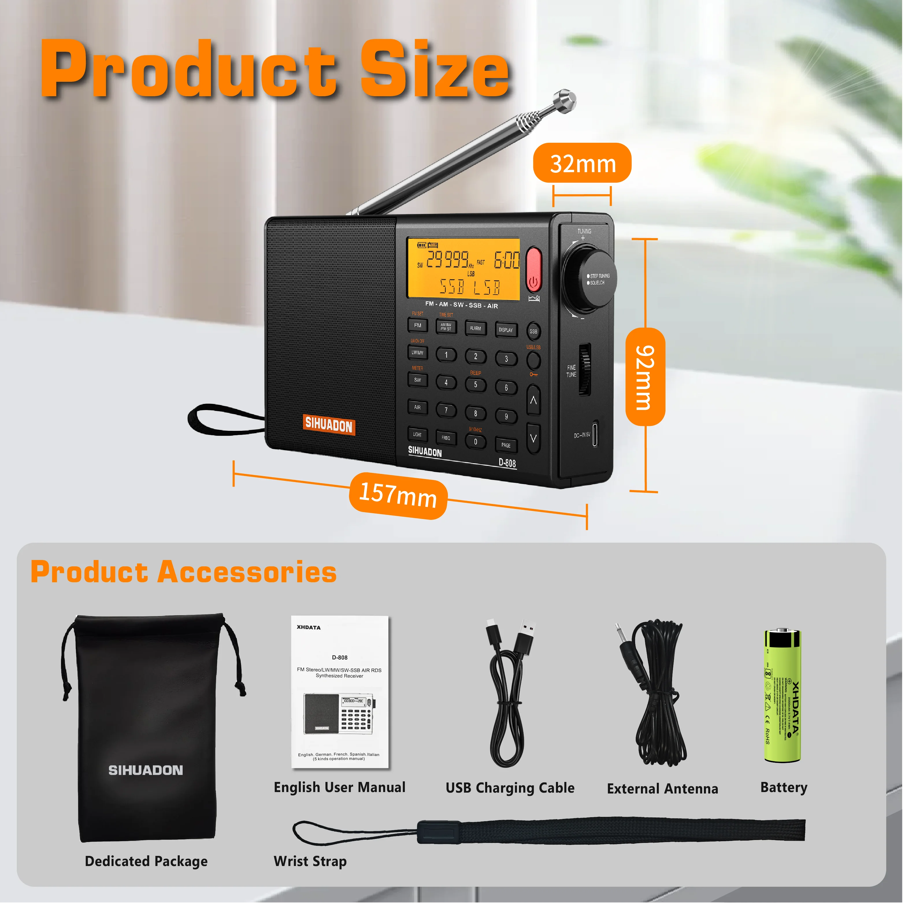 SIHUADON D-808 AM/FM/SW/MW SSB AIR RDS Full Band Portable Radio with Multifunction Deep Sound Stereo Rechargeable Radio Receiver