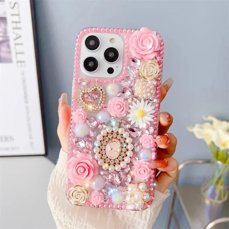 

Luxury 3D Bling Girly Rhinestone Cases, Pink Pearl Floral Phone Case for Xiaomi, Redmi 9A, 9C, 9Pro, Note10S, Note11 Pro, 12Pro