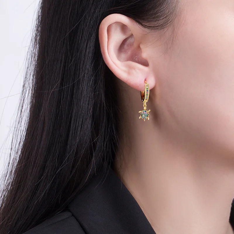 Female Cute Small Turtle Hoop Earring Rainbow Crystal Multicolor Zircon Animal Earrings For Women Charm Gold Color Ocean Jewelry - view 3