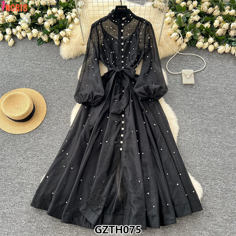 

High-End Vintage Women's Holiday Dress Early Spring Long Satin with Floral Pattern Romantic Lantern Sleeve Lace -GZTH075