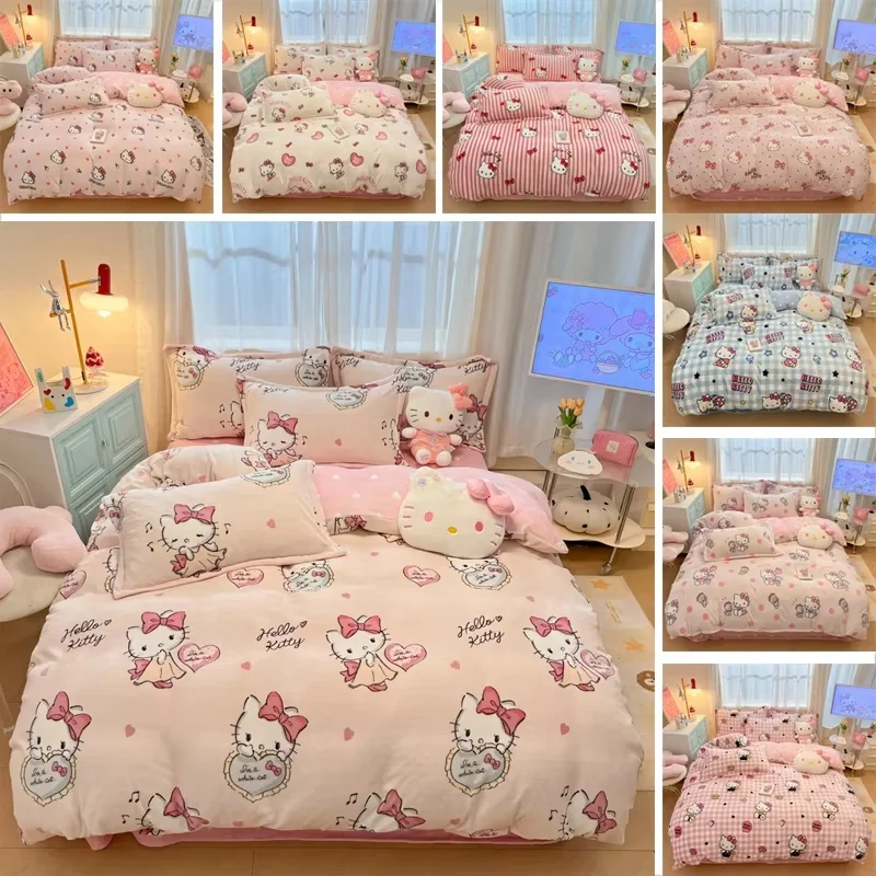 Sanrio Cartoon Winter Milk Velvet Bedding Set Hello Kitty Girls Single Double King Queen Size Pillowcase Bed Linens Home Textile