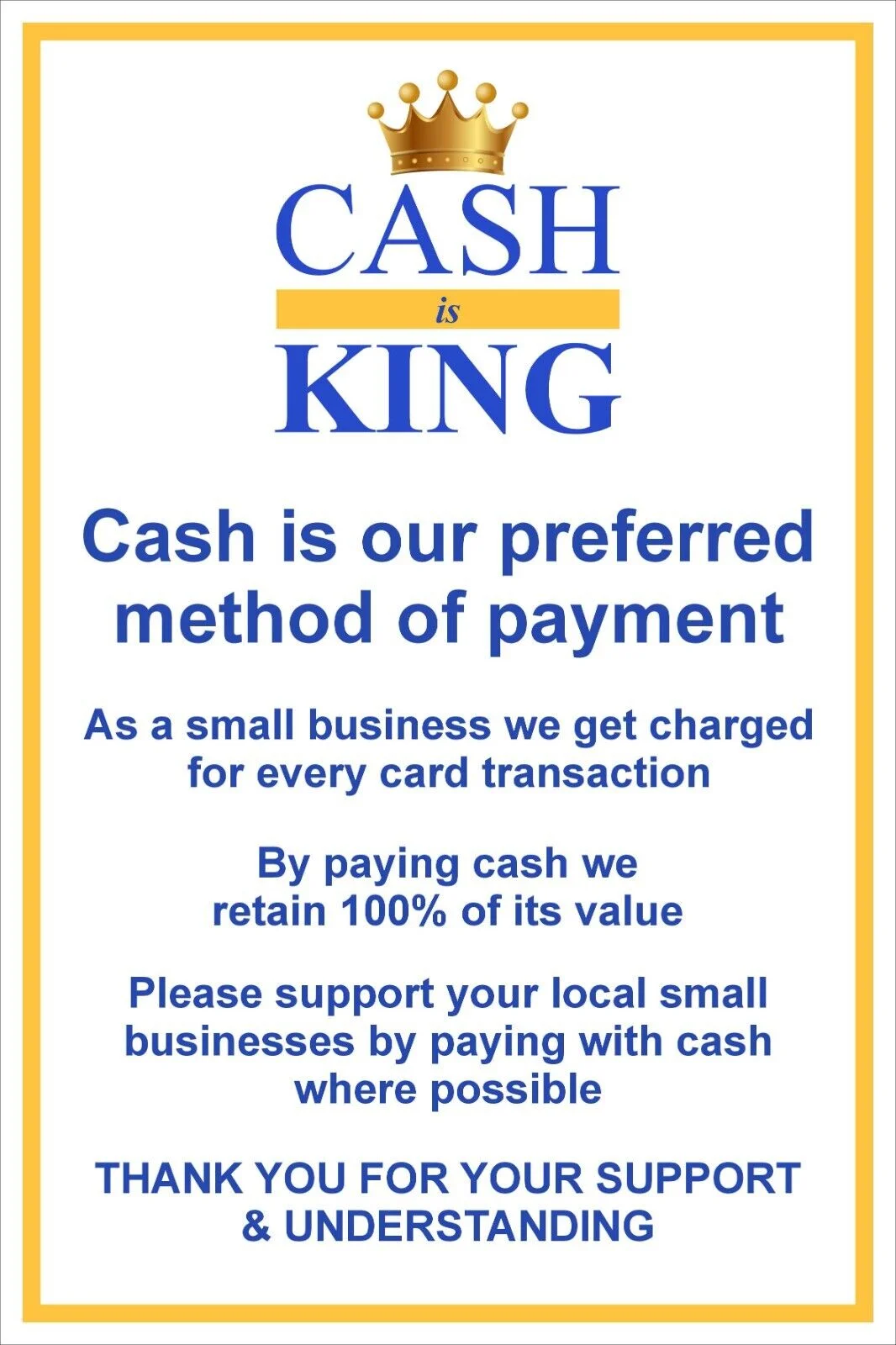 Señal de pago en efectivo para SHOP CAFE, aviso KING A4