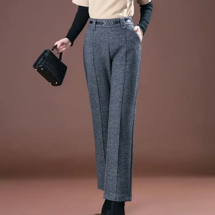 Pantalones de traje sueltos de lana para mediana edad y personas mayores, nueva madre recta de pierna ancha cubierta de carne gruesa