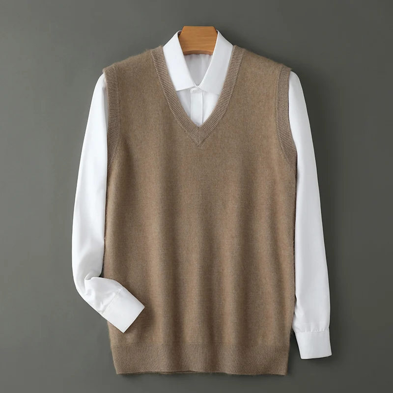 

Men V-neck Sweater Vest Pullover Autumn Winter Basic Casual 100% Mink Cashmere Knitted Soft Sleeveless Waistcoat Top