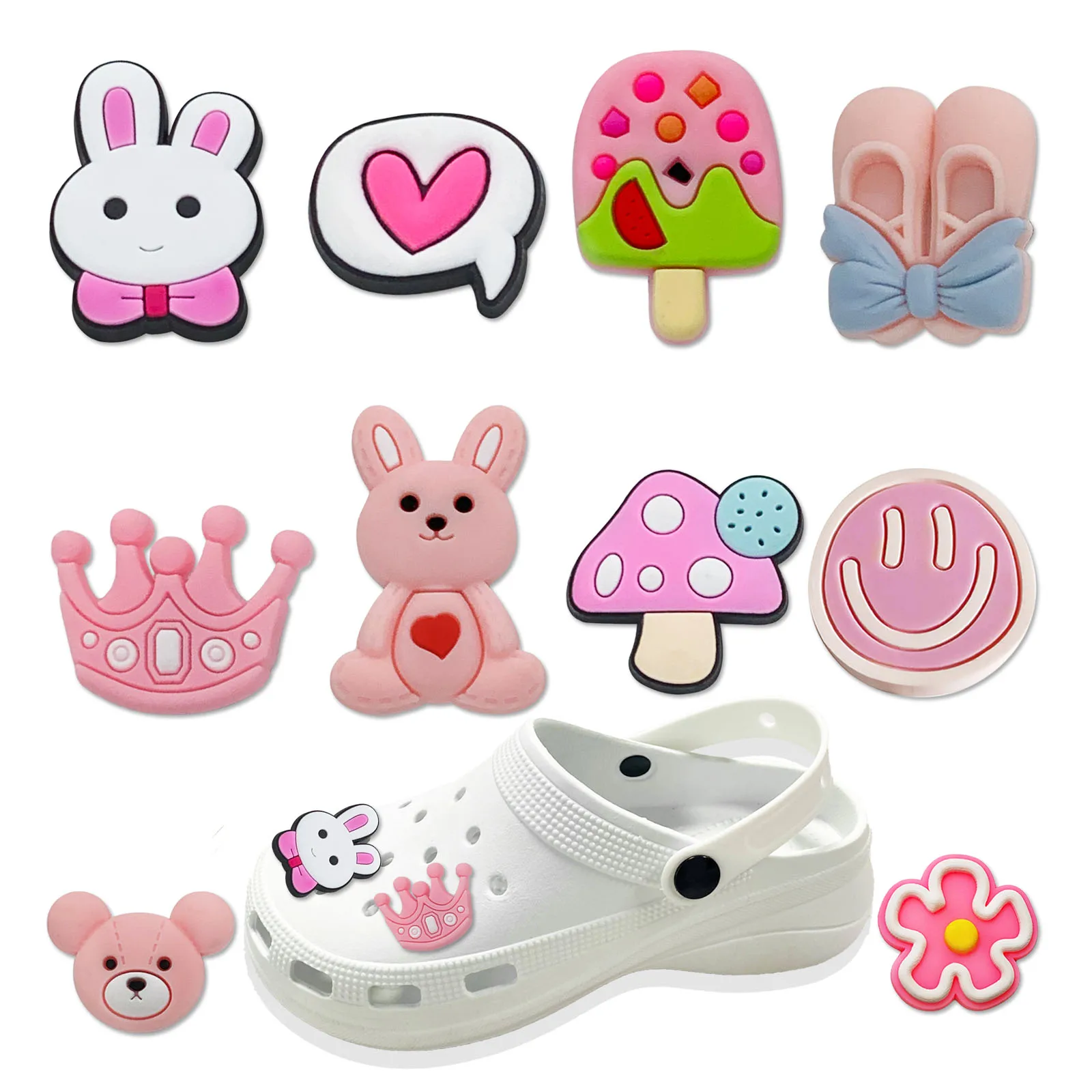 18 characters PVC Pink shoe buckle charms accessories decorations for sandals sneaker clog wristbands for girl unisex gift DIY d