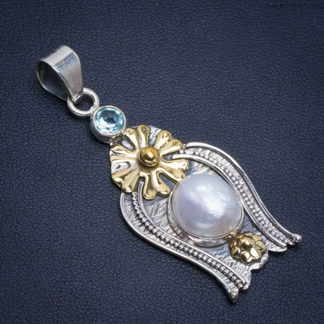 StarGems® Natural Two Tones Biwa Pearl and Blue Topaz Handmade Unique 925 Sterling Silver Pendant 2