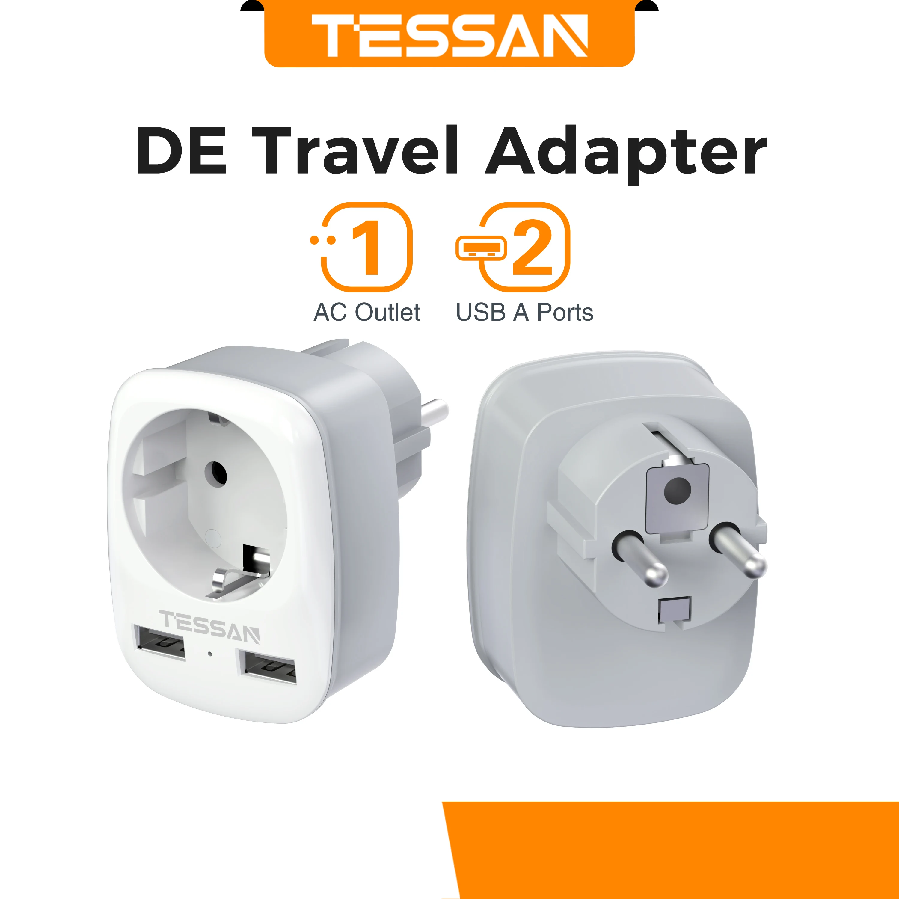 TESSAN 3600W EU-stekkeradapter met 1 Schuko-aansluiting, 2 USB-A poorten, compacte 3-in-1 DE wandcontactdoos voor thuis, kantoor, telefoon en tablet