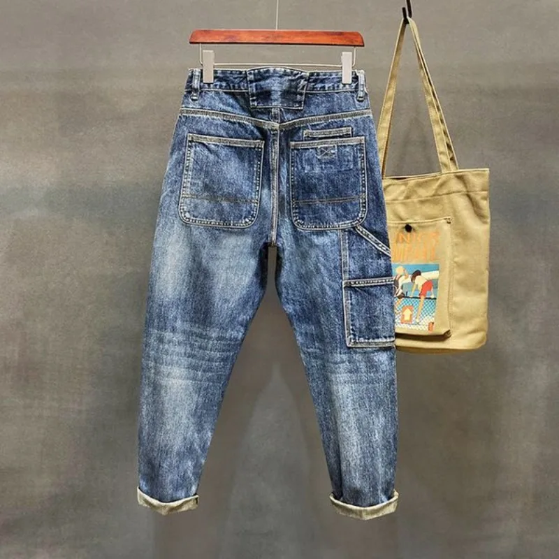 High Street Jeans Men's Loose Straight Small Multiple Pocket Patches Workwear Casual Pants Men's Youth Large men jeans