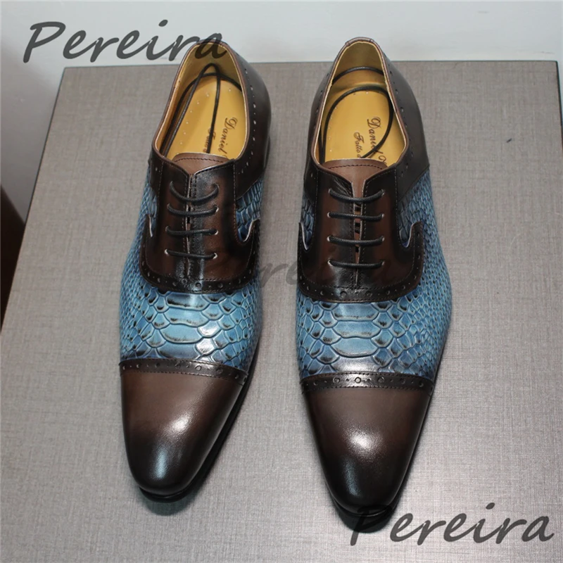 

British Style Mixed Colors Men's Formal Shoes Genuine Leather Pointed Toe Lace-Up Oxfords Cowhide Patchwork Low Heel Dress Shoes