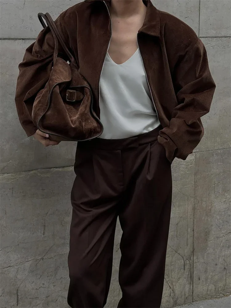 Vintage Zipper Autumn Jackets Female Lapel Loose Fashion Long Sleeve Commute Solid Outwear Women's Patchwork Jackets Coat