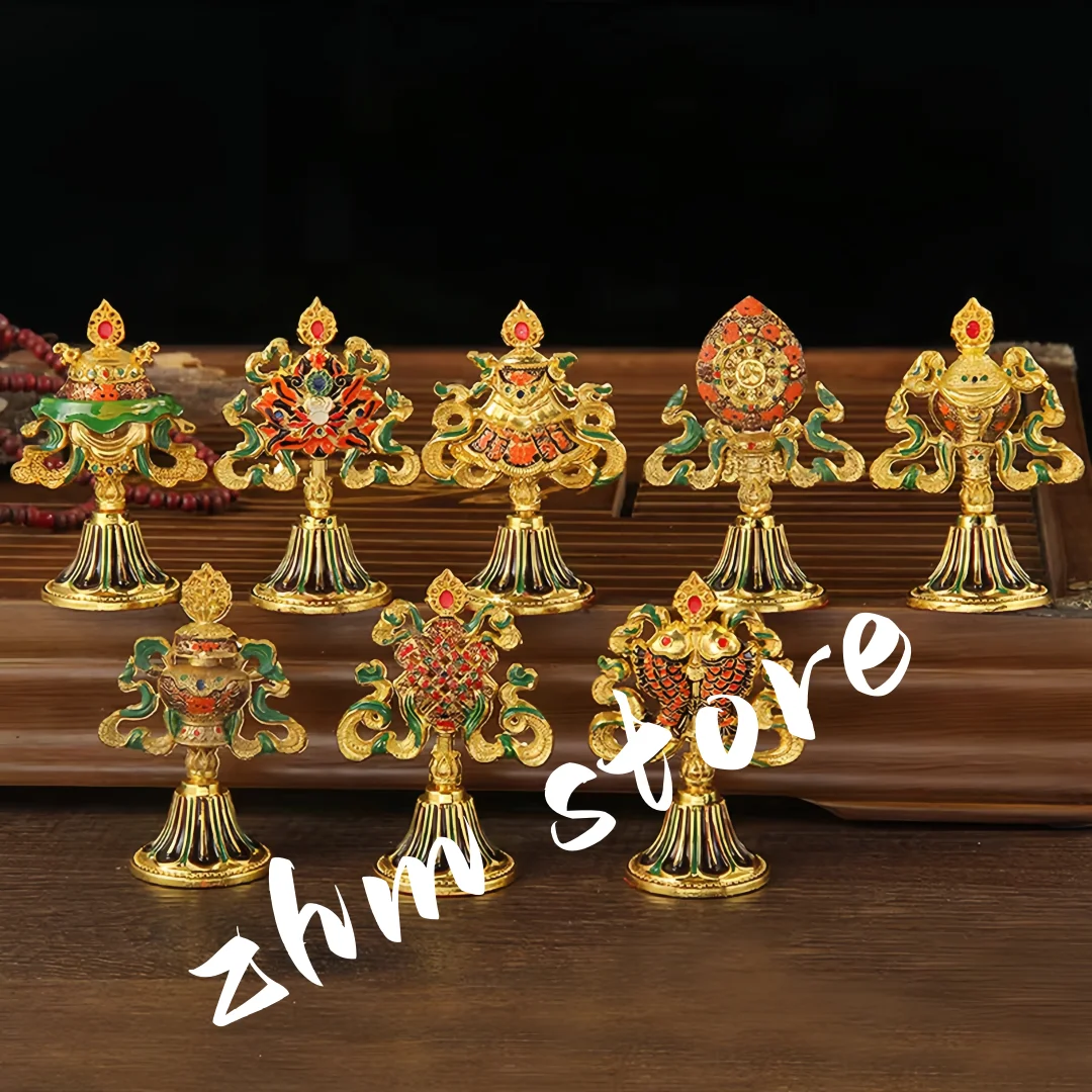 8ชิ้น/เซ็ต8.5ซม.โบราณสีชุบพุทธซัพพลายเออร์ทิเบต Tranic แปดมงคลสัญลักษณ์ใส่ตกแต่ง Instruments