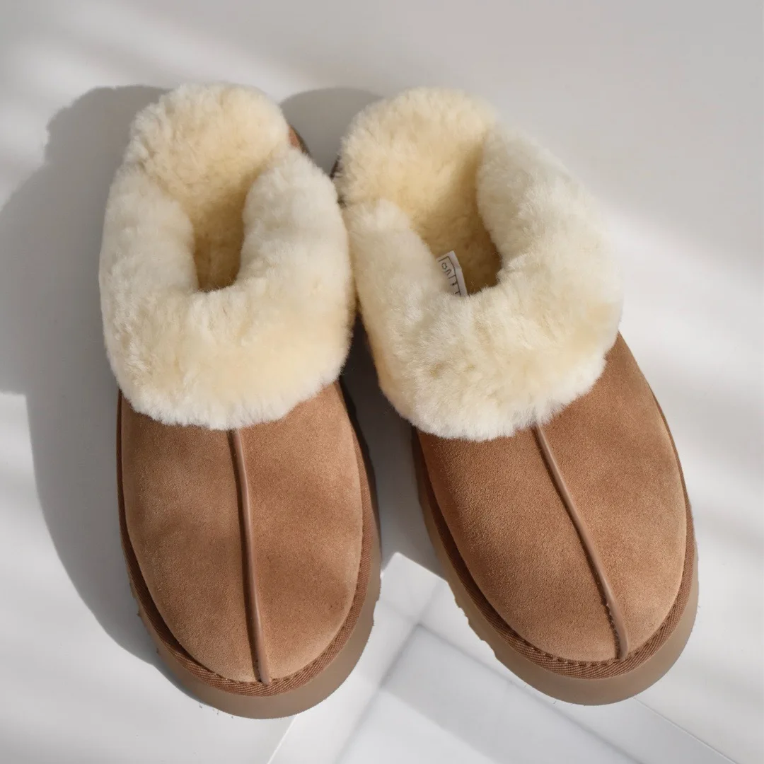 

Withered Nordic Winter FurIntegrated Wool Shoes Women Minimalist Fashion Ladies Khaki Thick Soled Half Slippers Women