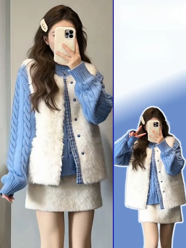 

plus Size Fashionable Blue Sweater And Lamb Fur Vest Two-Piece Set for Younger Looking Layering Spring Autumn Luxury Style Women