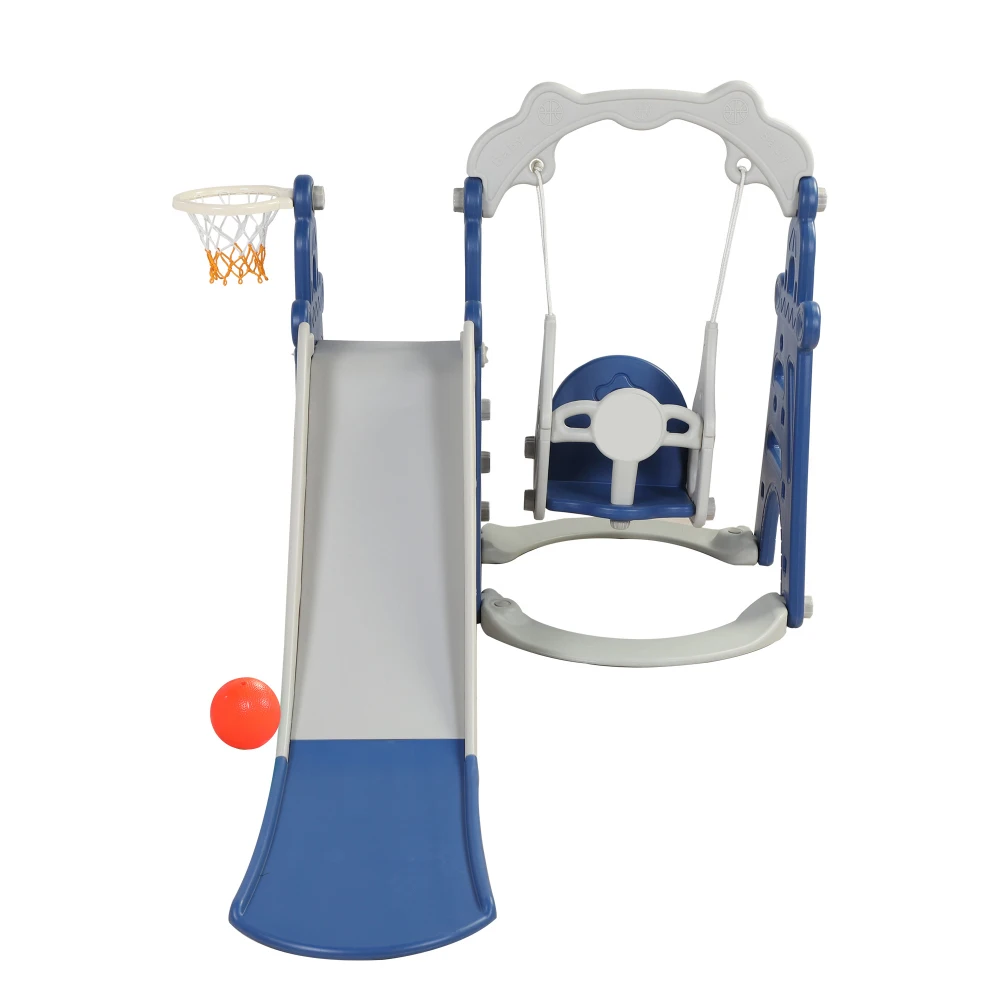 Kids Swing and Slide Set 3-in-1 Slide with Basketball Hoop for Indoor and Outdoor Activity Center, Pink+Gray