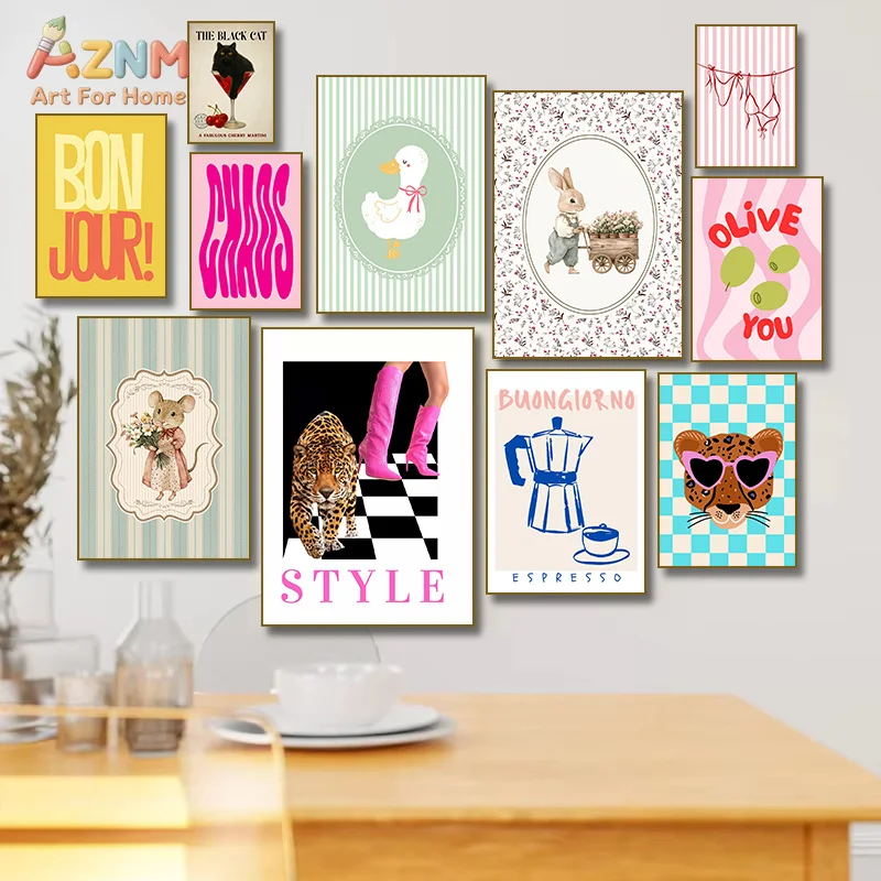 AZNM Trendy Coquette Canvas Wall Art Retro Bunny Duck Leopard Colorful Eclectic Aesthetic Living Room Decor Poster Unframed