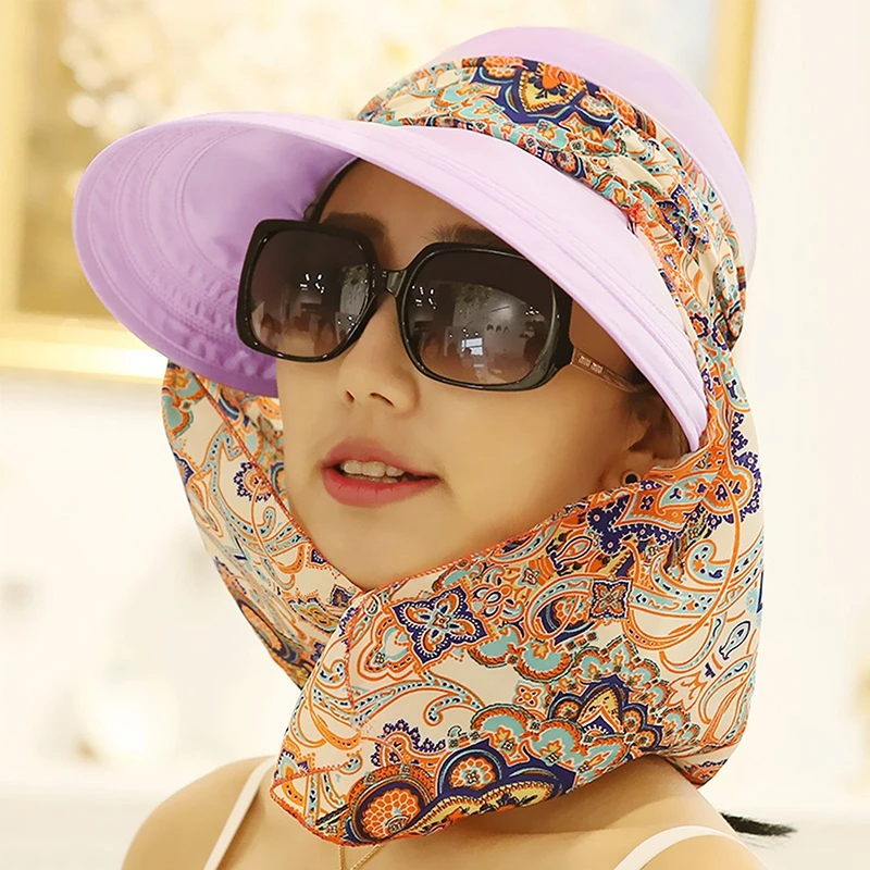 Women Anti-UV Sun Hat Beach Foldable Sunscreen Floral Print Caps Neck Face Care Wide Brim Hat New Summer Outdoor Riding