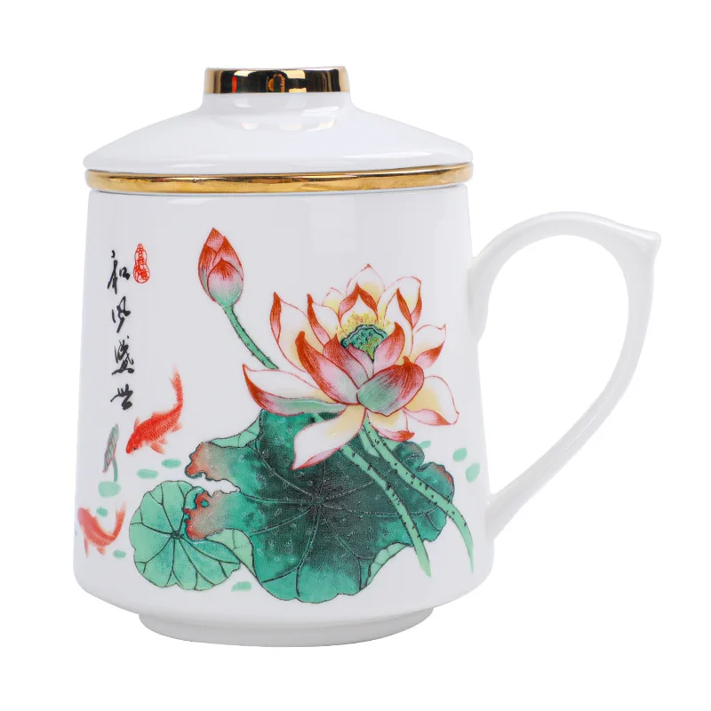 Creative  China Tea Cup with Lid and Filter Office Drinkware Ceramic Hand Painted Strainer Teacup Home Kung Fu Mark cup