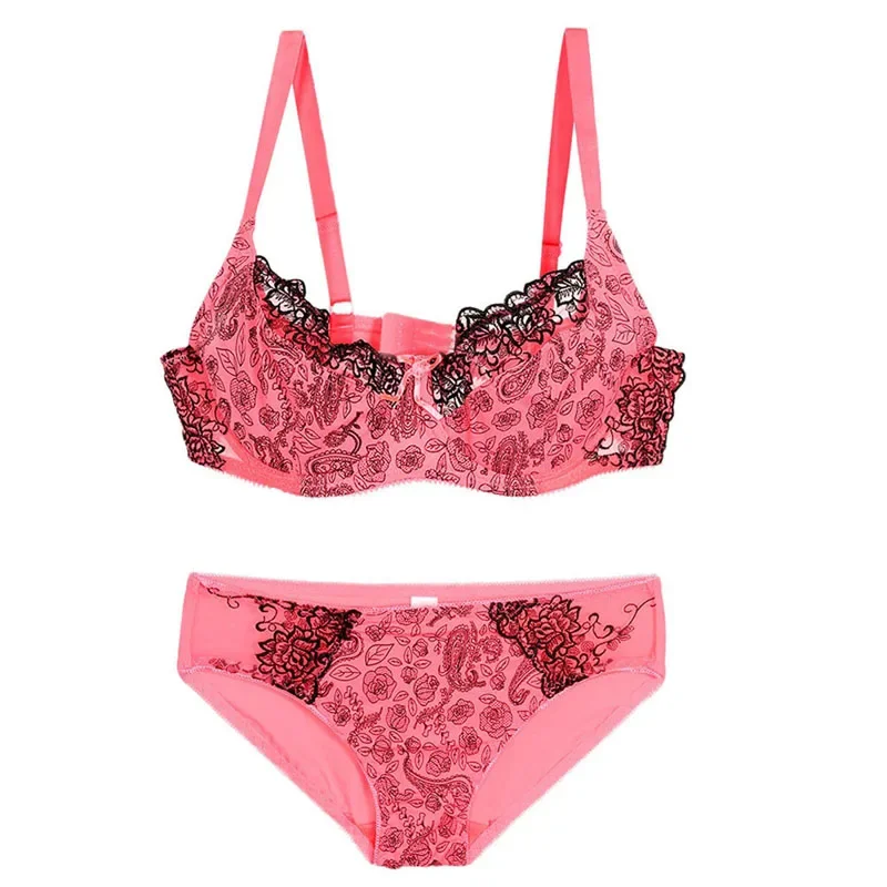 Sexy Lace Female Bra Sets Women Push Up Underwear Floral Embroidery Pink Red Beige CDE Cup Plus Size Lingerie