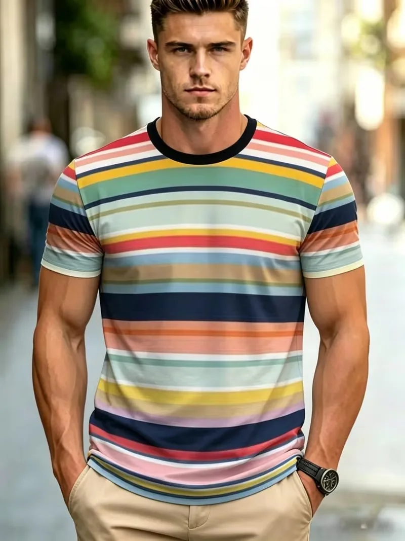 T-Shirt for Men Classic Rainbow Stripes Print Casual T-Shirts Summer Fashion Harajuku Oversized Short Sleeve O-Neck Men Clothing