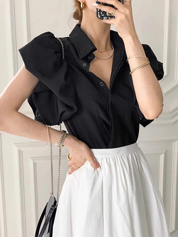 قميص نسائي بأكمام فقاعية بقصة ضيقة، نمط قصير، أبيض، كاجوال، عصري، صيفي، وصل حديثًا، ملابس مكتبية، ألياف البوليستر