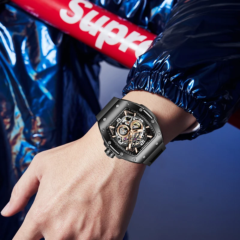 New FeelNever Outdoor Casual Mechanical Man Watch Square Fashion Military Silicone Waterproof Luminous Watches Male Reloj Hombre view 6