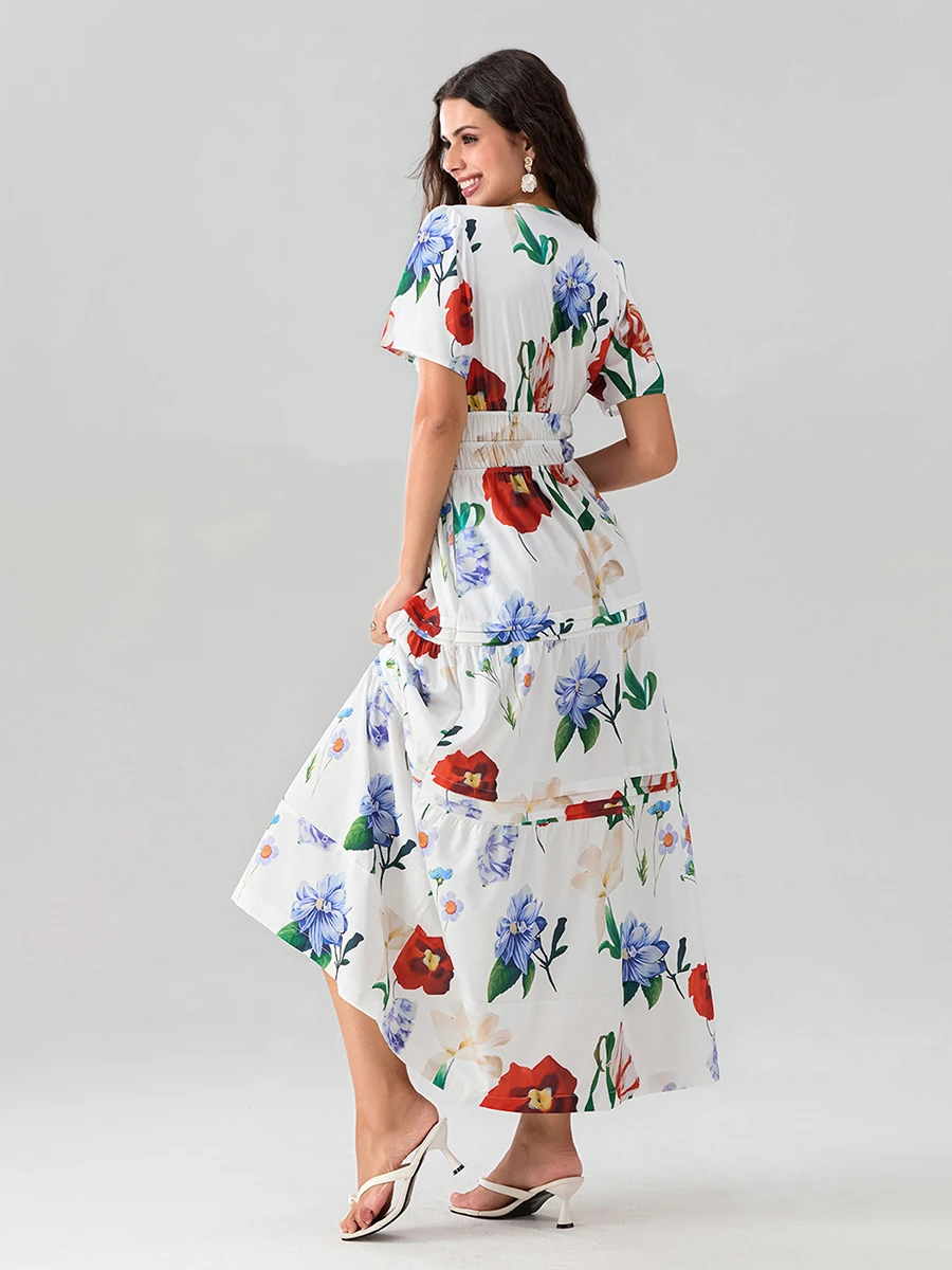 Women Long Dress Smocked Waist Pintucked Hem Side Slant Pockets V-Neck Short Sleeve Flowy Dresses