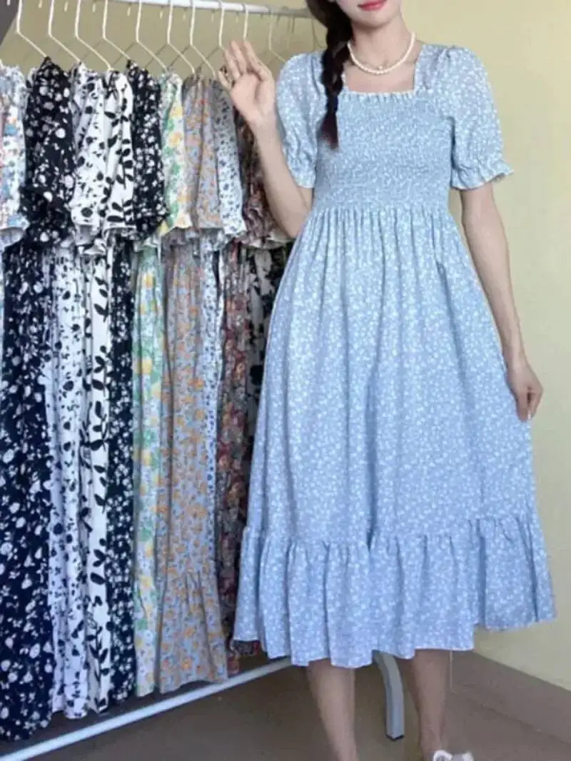 ฤดูใบไม้ผลิฤดูร้อนเอวยืดชีฟองชุดผู้หญิงชุดลำลองแฟชั่นหญิงชุดเดรสแขนสั้นจีบเอ-ไลน์เดรส 47UW