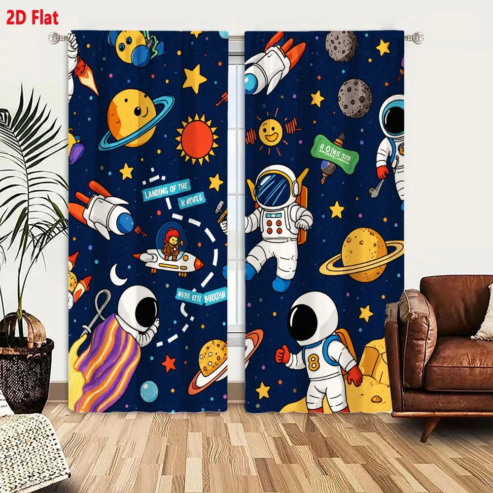 2Pcs Curtains 2D Flat Cartoon Space Exploration Illustration: Astronauts Rockets Planets Sun Moon Stars 