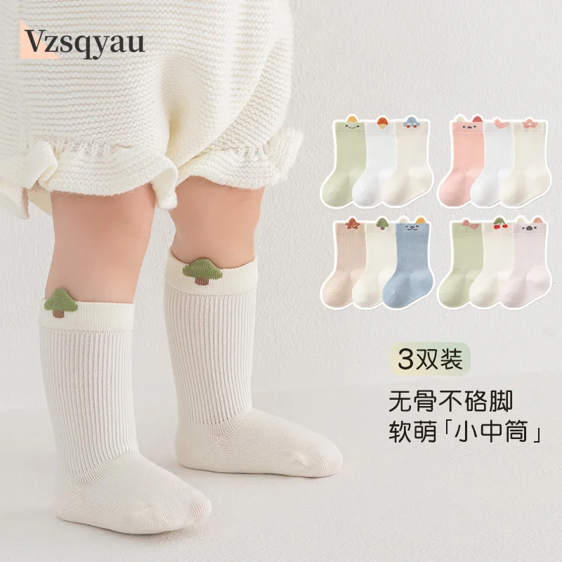 3 Pairs Baby Socks Cute Cartoon Children Sock Solid Color Kids Socks Soft Mid Tube Newborn Sock For Boys And Girls Leg Warmers