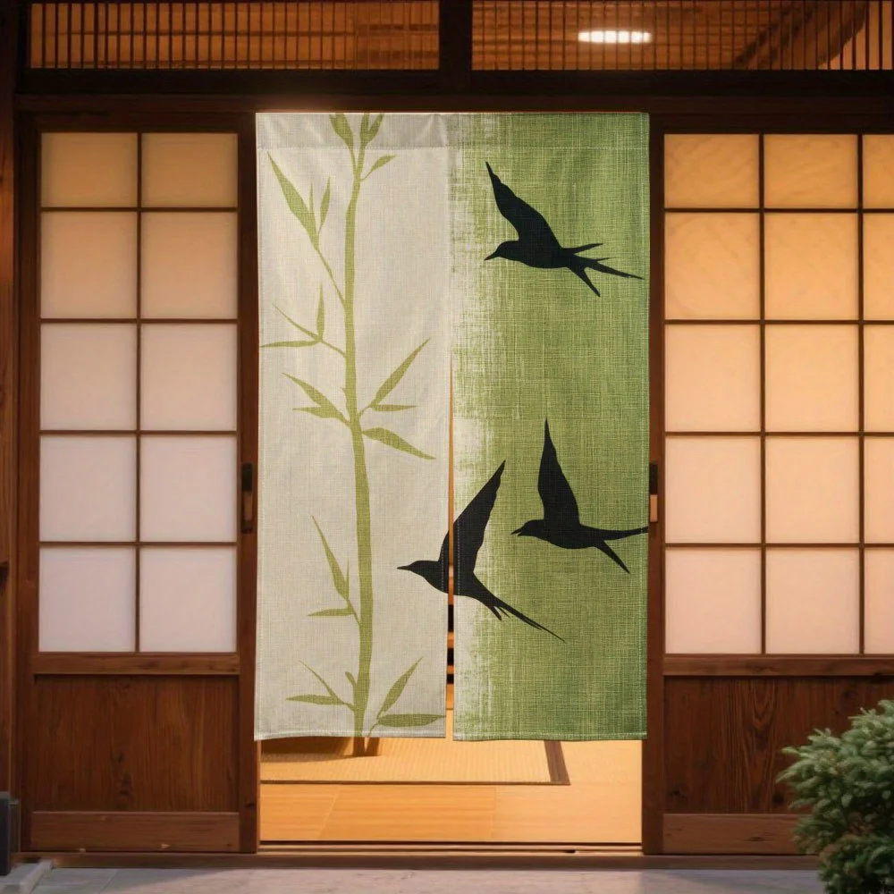 Asian Japanese Style Bamboo Bird Pattern Room Divider Screen Polyester Curtain Panel for Zen Home Decor Privacy Window Treatment