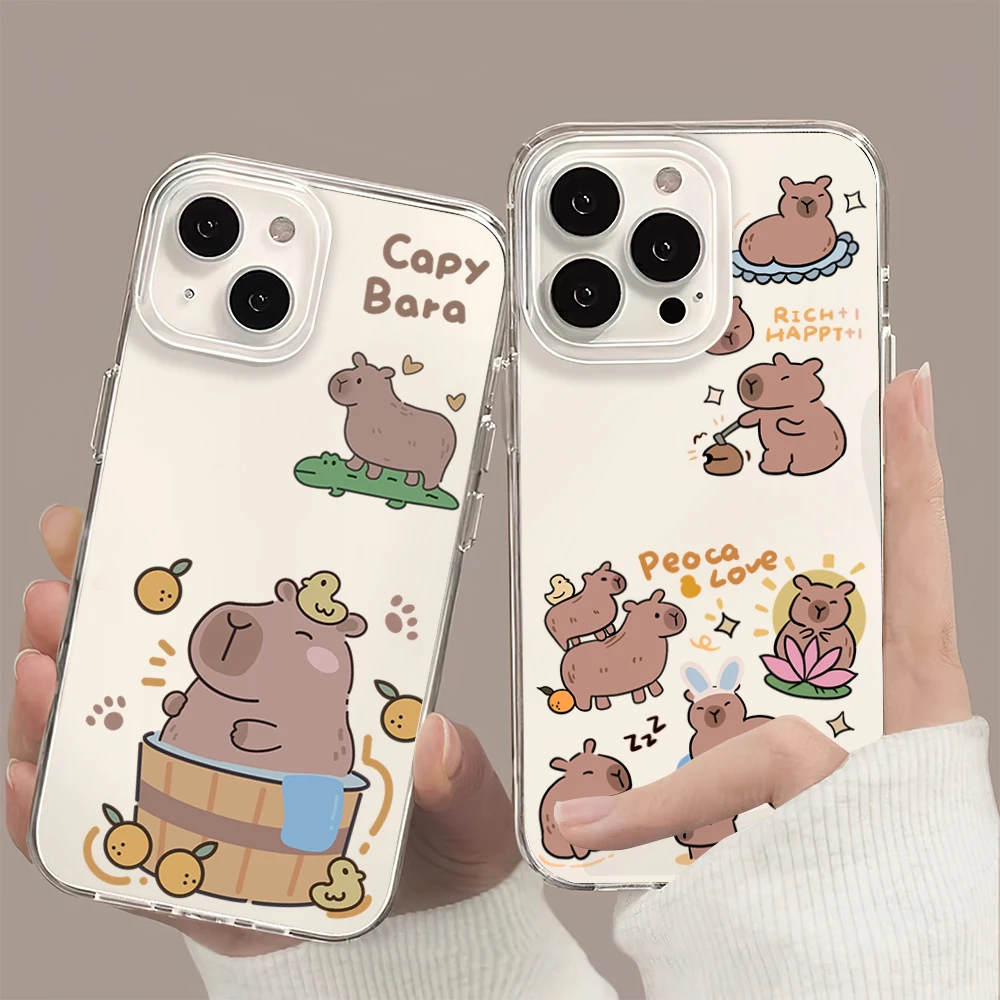 Capybara Cute Rich Kawaii Bath Funny Cartoon Phone Case For iPhone 11 13 16 15 14 12 Pro Max Plus Clear Transparent Soft Shell