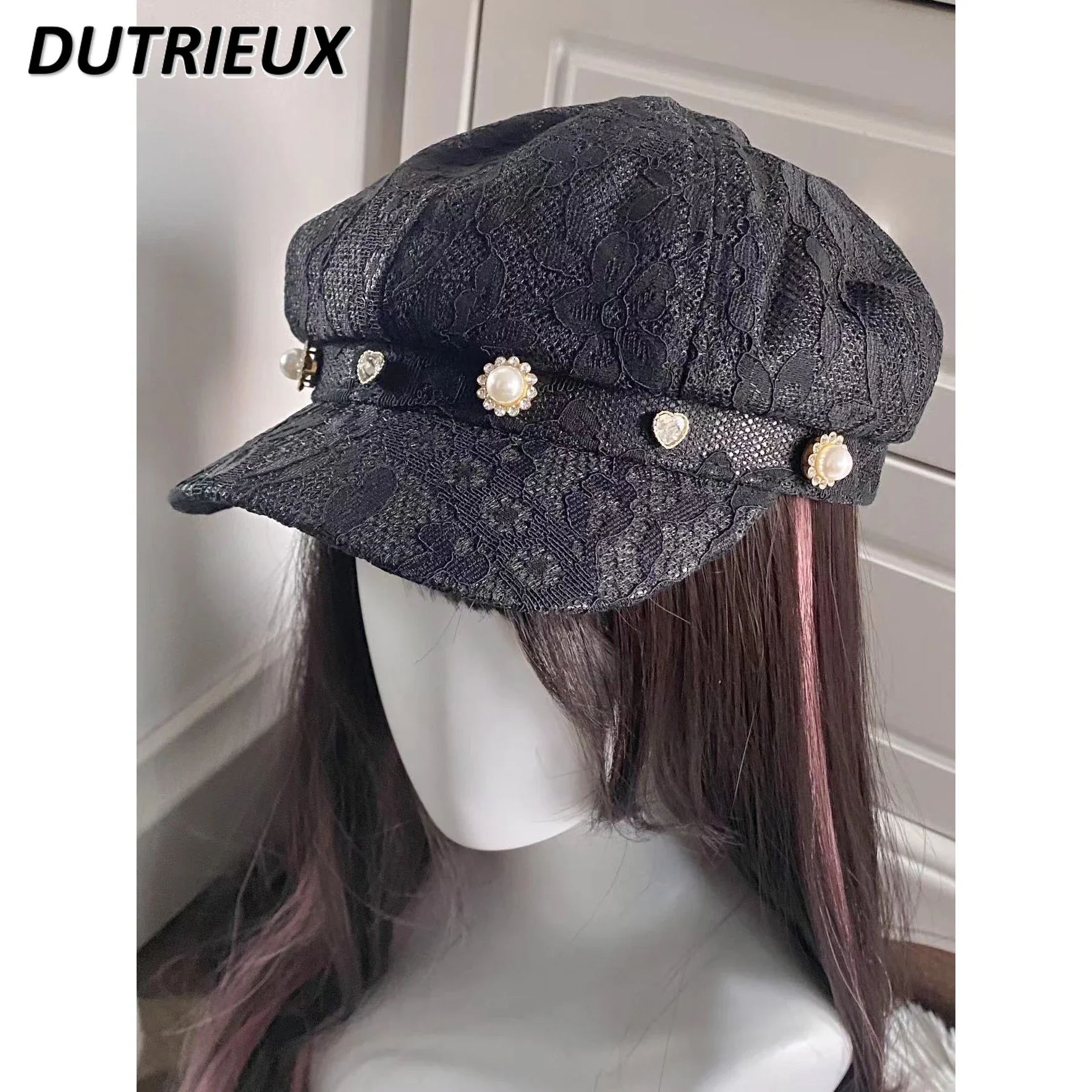 Mine Series Mass-Produced Rhinestone Heart-Shaped Lace Octagonal Cap Beret Japanese Subculture Y2k Hats Berets Caps for Women