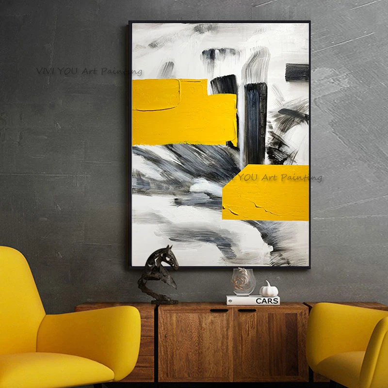 Genuine 100% Hand Painted Abstract Impasto Oil Painting, Palette Knife Thick Ochre Black Splash Vertical Canvas Modern Loft Wall