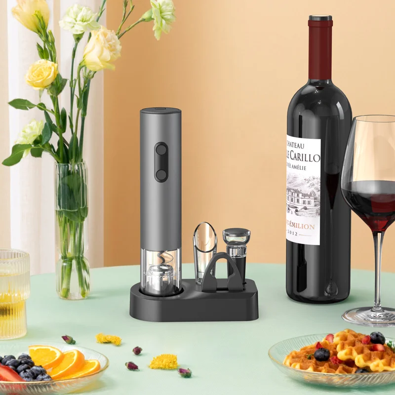 Electric Wine Bottle Opener Set Automatic Wine Opener Automatic Corkscrew, Battery Operated, with Stopper, Foil Cutter, Wine Pourer, Storage Base, for Parties, Suitable for Home, Kitchen and Restaurant