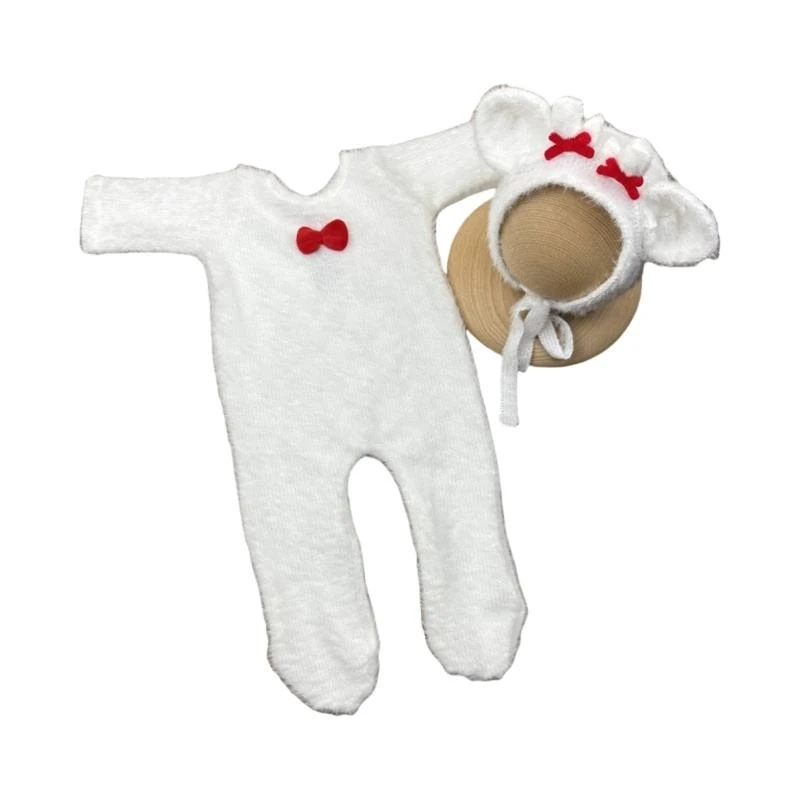 

J15U Newborn Photography Props Footed Romper Christmas Hat Photo Posing Accessories