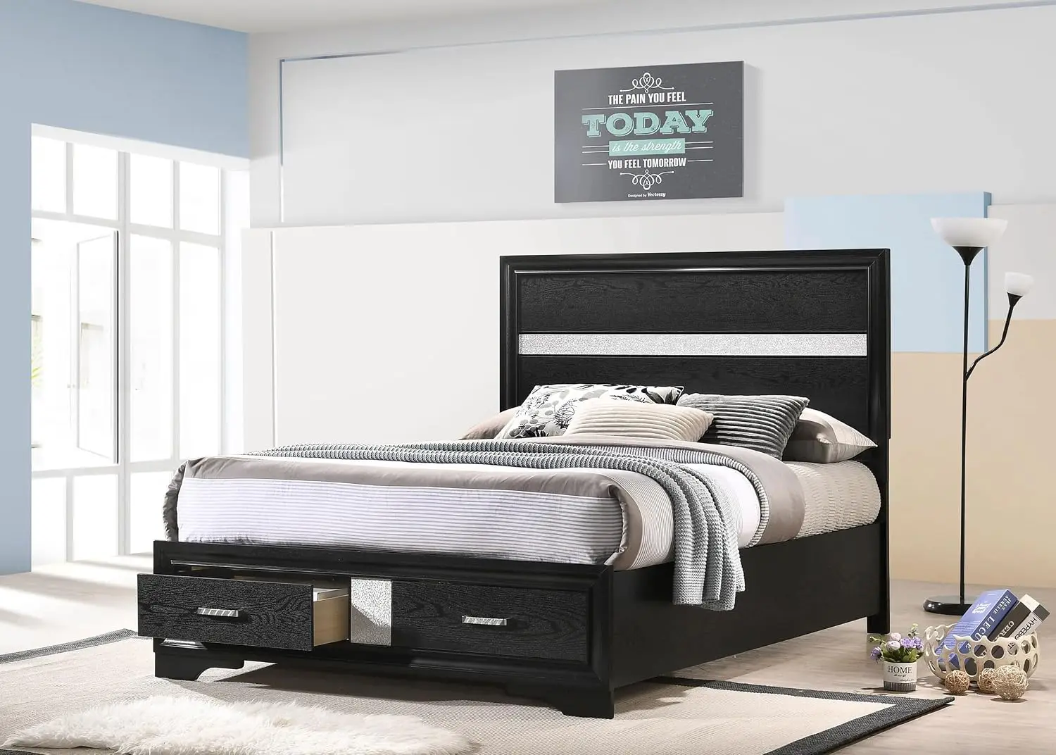 Contemporary Wood Full Size Storage Panel Bed Frame 50-inch Headboard Black, Customized