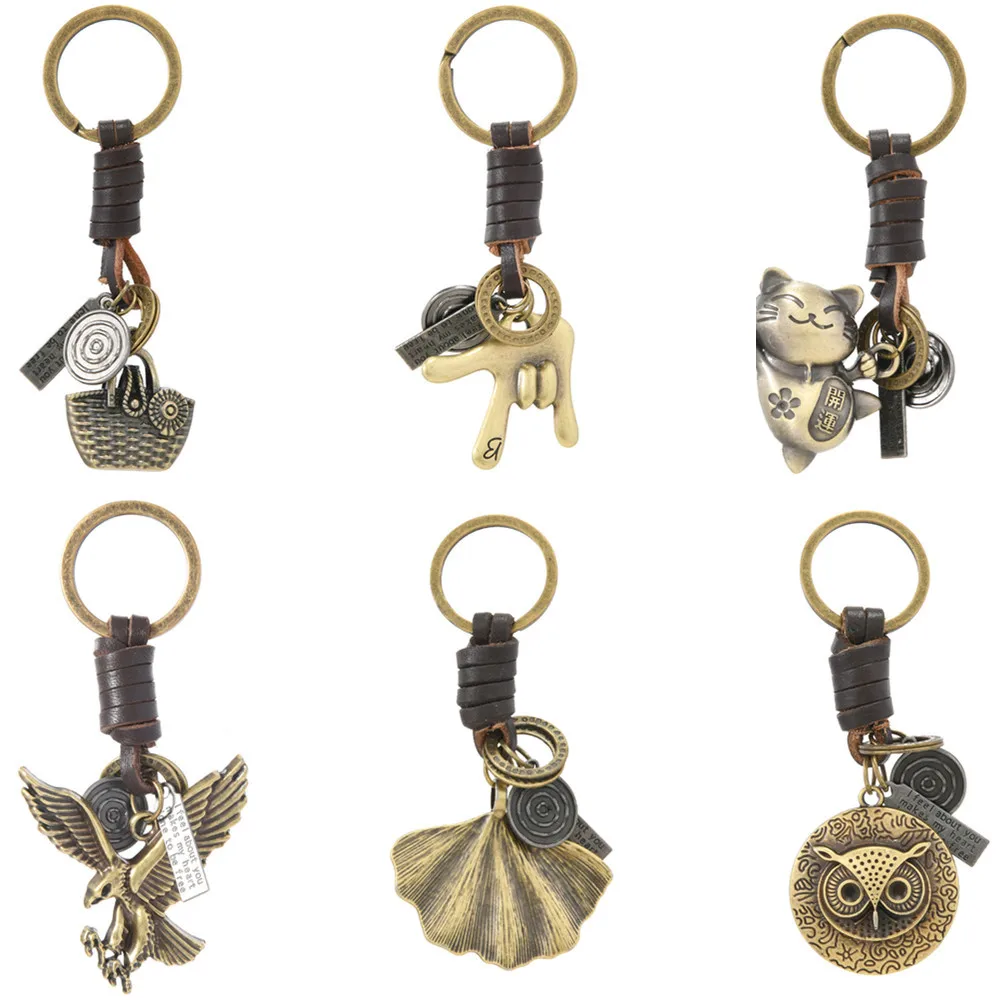 سلاسل المفاتيح الإبداعية الشعبية الأوروبية والأمريكية للرجال والنساء الهدايا سبيكة البرونزية البومة النسر الرجعية المنسوجة قلادة جلد البقر