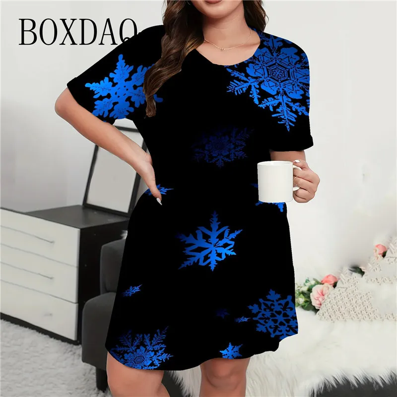 Shiny Stars Christmas Tree Print Dress Elegant Women Fashion Short Sleeve Loose A-Line Dress Plus Size Casual Party Mini Dresses